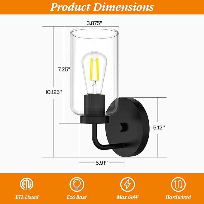 Zevluck 1-Light Wall Sconce, Modern Wall Light Fixtures with Clear Glass Shade, Matte Black Bathroom Vanity Light, Hardwired Vanity Wall Lamps for Bathroom, Bedroom, Living Room, Stairs, Hallway