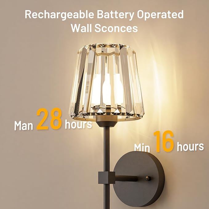 Crystal Battery Operated Wall Sconces Set of 2, Black Rechargeable Wireless Wall Sconce Lights with Crystal Lampshade, 12 RGB and 3CCT Dimmable Wall Lamps with Remote for Bedroom Living Room Hallway