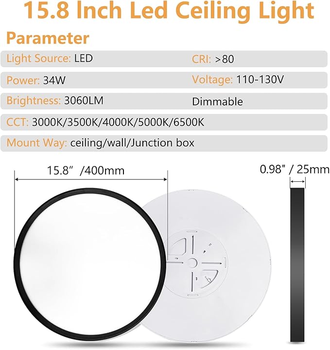 6PK Dimmable 15.8 Inch Led Ceiling Light Flush Mount, 34W, 3060LM, 3000K/3500K/4000K/5000K/6500K CCT, 0.98" Super Slim Close to Ceiling Round Flat Panel Light for Hallway,Kitchen ect, Black