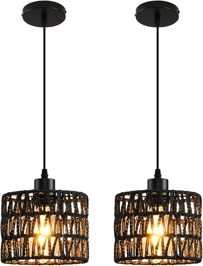 Woven Pendant Light Boho Chandelier, Rattan Pendant Lights Kitchen Island, Farmhouse Pendant Lighting with Hand Woven Wicker Shade, Boho Chandelier Light Fixtures Ceiling Hanging Light