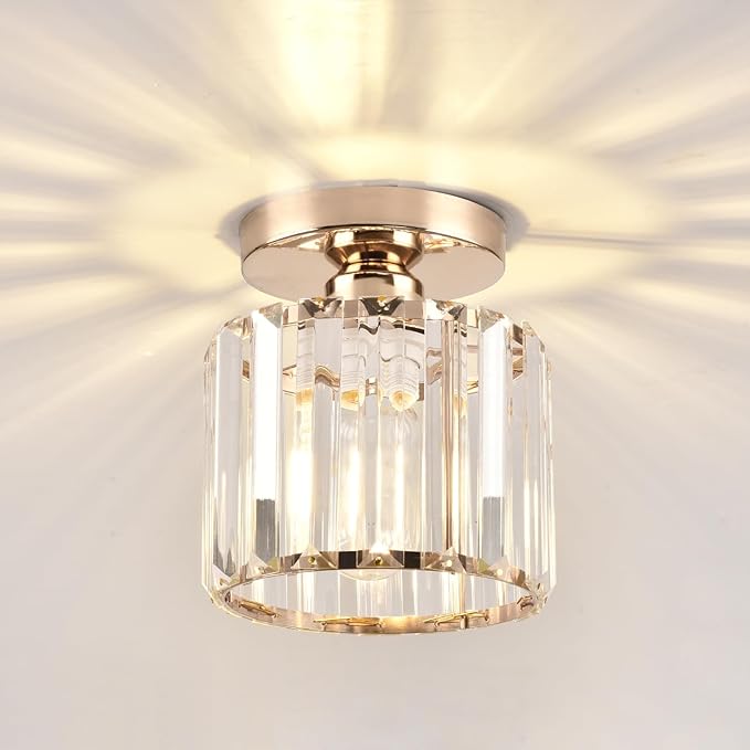 Semi Flush Mount Ceiling Light, Crystal Ceiling Light Gold Chandelier for Kitchen Hallway Entrance Balcony Dining Rooms Living Rooms Bar