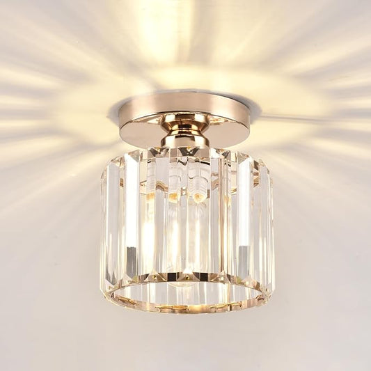 Semi Flush Mount Ceiling Light, Crystal Ceiling Light Gold Chandelier for Kitchen Hallway Entrance Balcony Dining Rooms Living Rooms Bar