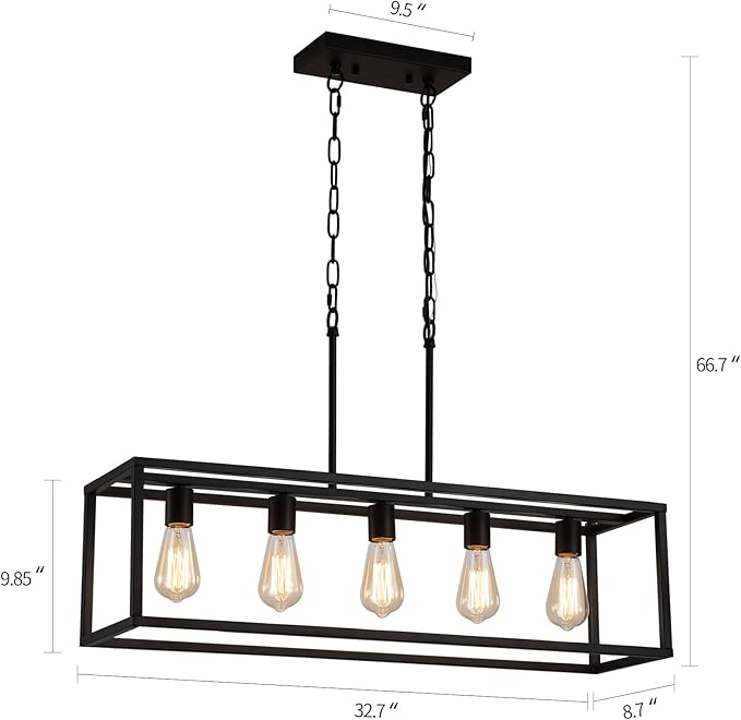 AMZASA Black Rectangle Kitchen Island Lights Rectangular Modern Industrial Chandelier for Dining Room 5 Lights Linear Vintage Cage Light Fixtures UL Listed