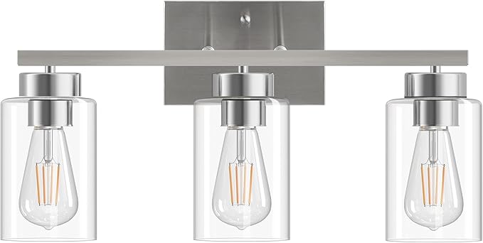 PARTPHONER 3-Light Bathroom Light Fixtures, Brushed Nickel Vanity Light with Clear Glass Shade, Modern Wall Sconce for Mirror Bedroom Living Room Hallway Lighting