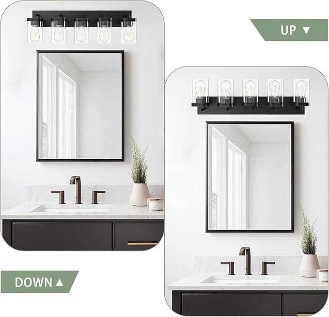 5-Light Bathroom Lighting Fixtures over Mirror, Matte Black Vanity Lights with Square Transparent Glass Shade, Modern Bathroom Vanity Light for Mirror Kitchen, Living Room, Gallery, Hallway