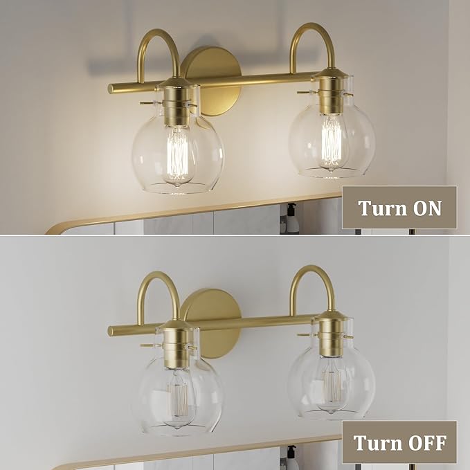 2-Light Gold Bathroom Light Fixture, Modern Bathroom Vanity Light Over Mirror Two Light Brushed Gold Vanity Lights for Wall Sconce Lighting, E26 Base,Gold