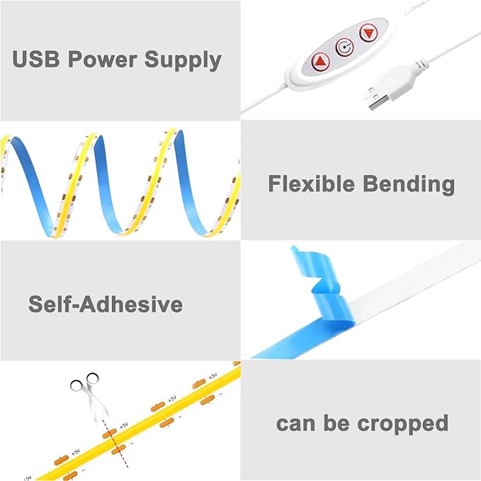 3.3FT COB LED Strip Lights，5V USB Powered LED Tape Lights 8mm Width with App Control，3000K Dimmable Warm White Flexible Light Strip TV Backlight for Bedroom Shelf Under Cabinet Kitchen DIY