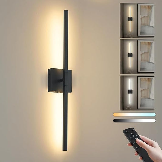 KARTOOSH 28.3 Inch Battery Operated Wireless Wall Sconce, 360° Rotatable Detachable Modern Wall Lamp with Remote Control Stepless Dimmable 3000K-6000K LED Light for Bedroom, Living Room Gallery Black