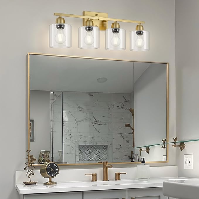 Modern Brushed Gold 4 Light Bathroom Light Fixtures, 24 inch Vanity Lights for Bathroom with Clear Glass, Bathroom Vanity Light for Mirror Kitchen Living Room Hallway Cabinet Porch