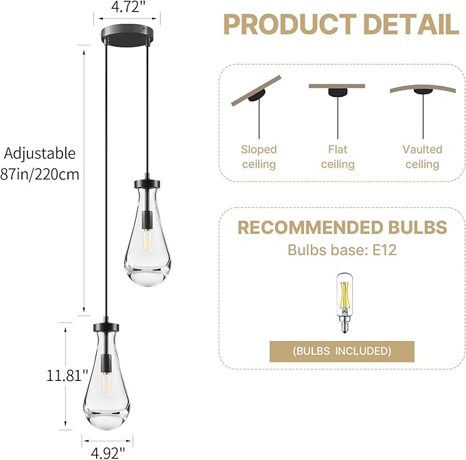 Raindrop Pendant Lights Kitchen Island: Modern Black Teardrop Hanging Light for Bathroom - 2 Lights Crystal Pendants Light over Dining Table - Brass matte lamps Fixture for Bedroom Bulbs Included