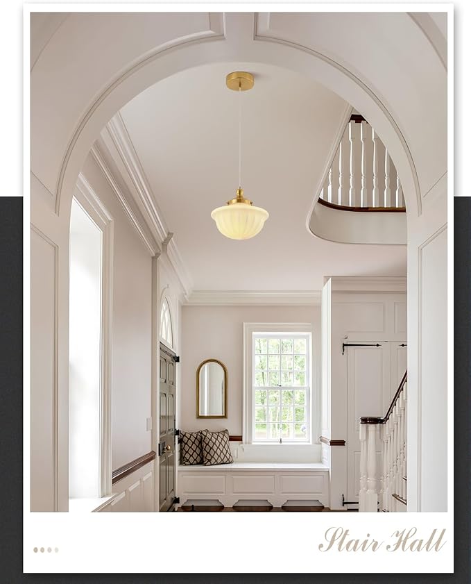 Schoolhouse Milk White Glass Pendant Light,9" Adjustable Hanging Pendant Light, Gold Mid Century Light Fixtures for Bedroom Diningroom Hallway Entryway