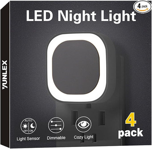 YUNLEX 4 Pack Daylight White Night Light, Gentle Eye-Care with Dimmable Wide-Glow, Indirect Reflection, Auto Dusk to Dawn Sensor, Plug in for Hallway, Kitchen, Garage, Laundry, as Mother Gifts