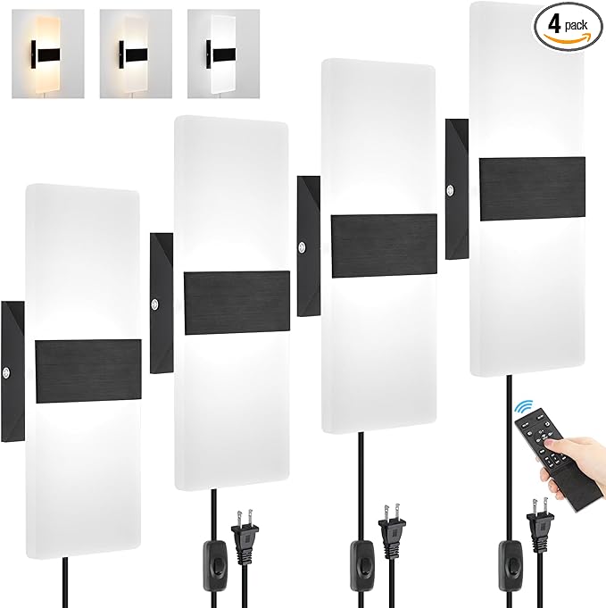 GOODATE 4 Pack Plug in Wall Sconces with Remote Control, Dimmable, Adjustable 3000K-6500K Colors, Black 12W Acrylic LED Plug in Wall Light, Wall Lamps for Bedroom Living Room Hallway Stair