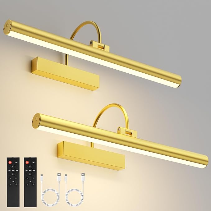 VOLISUN Picture Lights for Wall, 16 inch Rechargable Picture Light Battery Operated, 3 Color Temperatures Cordless Picture Light with Remote, Art Light for Paintings, Gallery, Portrait, 2 Pack (Gold)