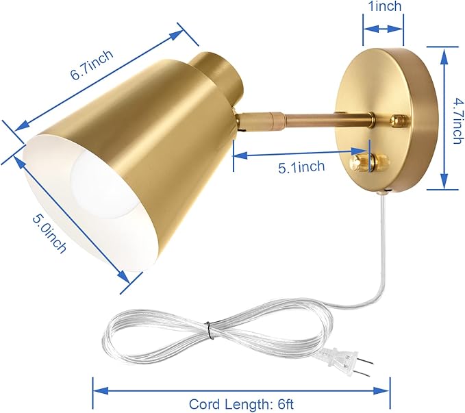 VATONI Plug in Wall Sconces with Remote Control, Adjustable Color Temperature 2700K-6000K and Dimmable Wall Sconces Gold Wall Lights with Plug in Cord for Bedroom Bedside Stairway(2 Pack, 2 Bulbs)
