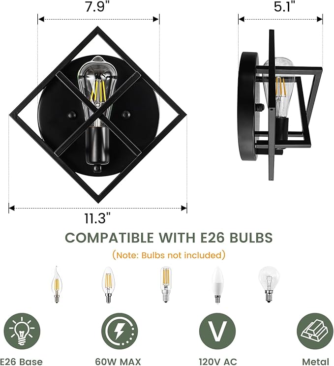 Farmhouse Wall Sconce with Black Finish,Rustic Wall Sconces Indoor Wall Light Fixtures 11.3in for Stairway, Living Room, Bedroom, Bathroom (1 Light,E26 Base, No Bulbs,1 Pack)