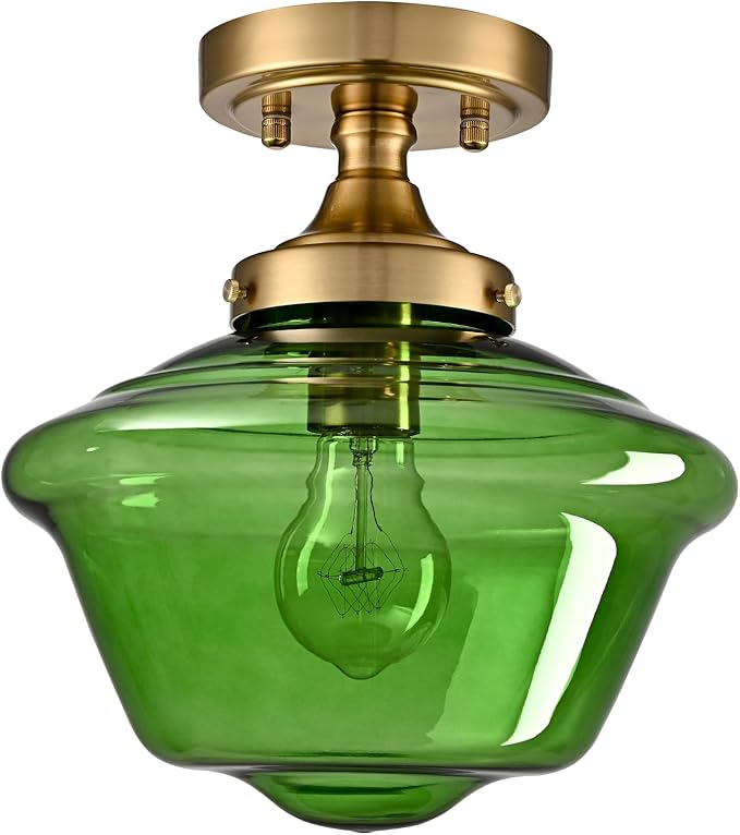 SAMTEEN Schoolhouse Light Fixtures Gold Ceiling Light 10-Inch Modern Green Glass Semi Flush Mount Ceiling Light Vintage Brass Hallway Light Fixtures for Bedroom Kitchen Entryway Living Room