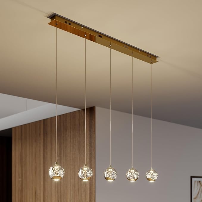 37.8" LED Linear Pendant Light Fixtures, 5-Light Gold Linear Chandelier with Bubble Glass Globes, LED 3000K Warm White, Modern Island Lights for Kitchen Living Room Ceiling Hanging, Hardwired