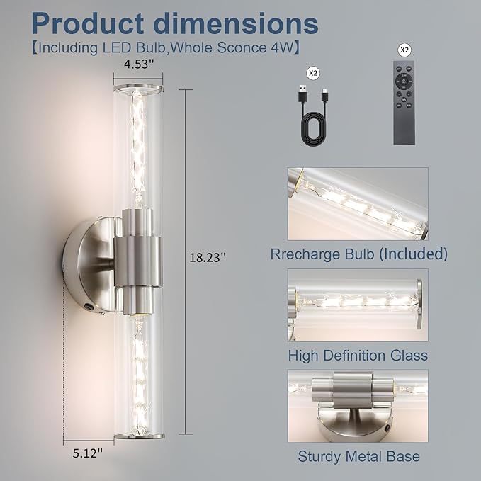 Battery Operated Wall Sconces Set of Two Modern Rechargeable Wall Sconces with Remote Control LED Sand Nickel Wall Lights for Living Room Bedroom (2 Pack)