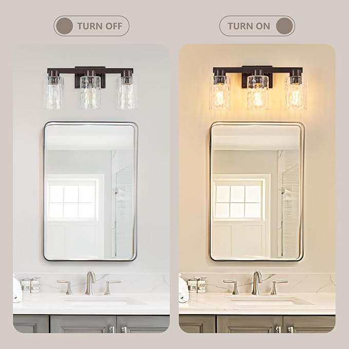 3-Light Bathroom Light Fixtures Modern Oil Rubbed Bronze Vanity Lights with Water Ripple Glass Wall Sconces Over Mirror for Bathroom, Powder Room, Living Room