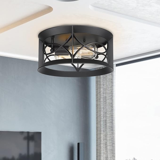 Darkaway Ceiling Light Fixtures Vintage Industrial Matte Black, Farmhouse Flush Mount Ceiling Light for Outdoor Porch Hallway Kitchen Dining Room Bedroom 2-Light E26