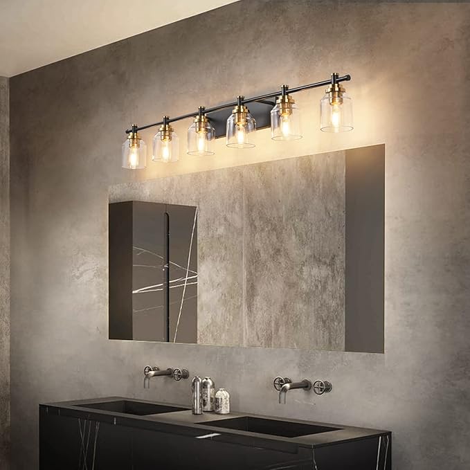 SOLFART 6-Lights Black Brass Bathroom Vanity Light Fixture Vintage Bathroom Fixture Over Mirror Thick Clear Glass