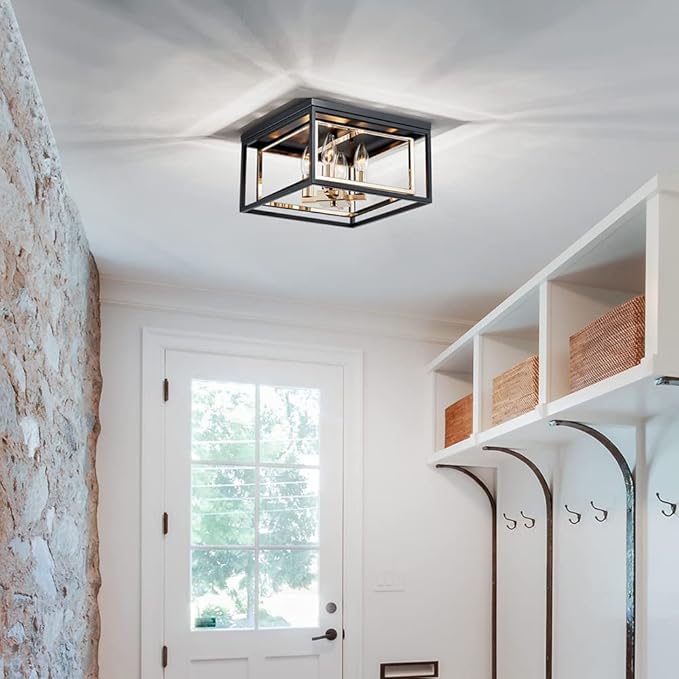 AGV LIGHTING CL035G Modern Flush Mount Ceiling Light Fixture, Close to Ceiling Light, E12 Base 3-Lights, L12 x W12 x H7, Matte Black & Shine Gold Finish