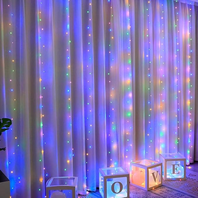 200 LED Colorful Curtain Light for Party/Wedding/Festival/Christmas,Window Blinking String Light for Bedroom/Living Room,USB Plug with 8 Modes(Battery not Included)