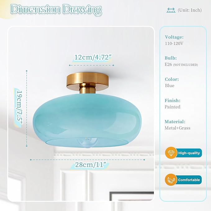 Blue Close to Ceiling Light Fixtures Vintage Flush Mount Ceiling Lights 11" Round Thickened Glass Shade Gold Mid Century Semi Flush Mount Light Hallway Entrance Lighting Fixture