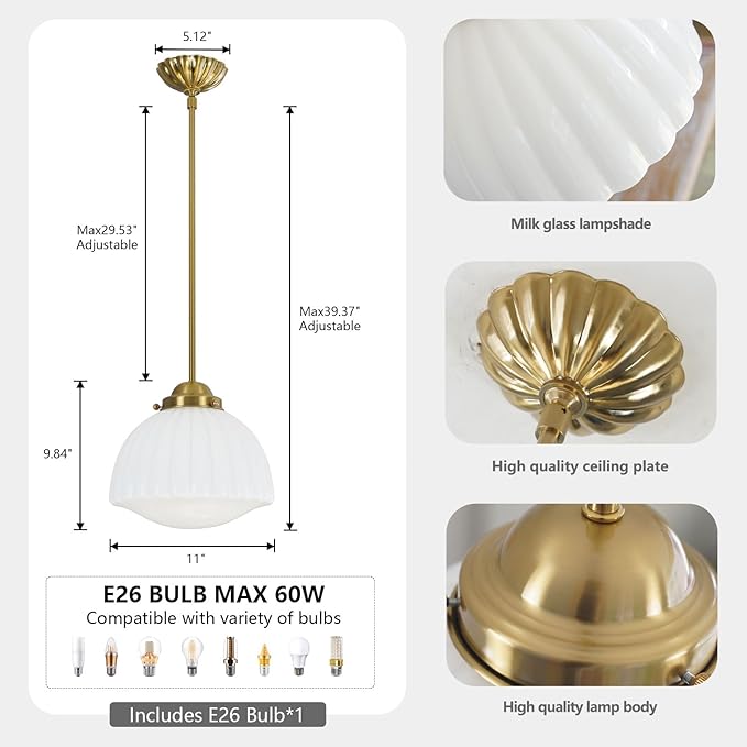 Milk Glass Pendant Light, 11" Brass Semi Flush Mount Pendant Light, Antique White Pleated Glass Chandelier, for Kitchen Island Lighting, Hallway, Bedroom, Dining Room, Foyer, E26 Bulb Included