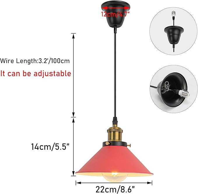 2 Pcs Ceiling Light Conversion Dimmable Pendant E26 Base Connections Metal Red Cone Shade Industrial Style Adjusted 3.2ft Wire Conversion Kit for E26 Spot Light