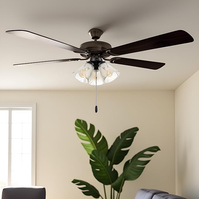 Aspen Creative 22012-3, Three-Light Ceiling Fan Light Kit with Pull Chain, Matte Black Finish with Frosted and Clear Glass Shades, 14" Diameter x 7-3/8" Height