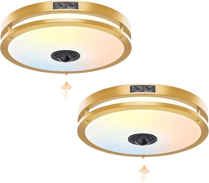 2 Pack 24W LED Motion Sensor Outdoor Ceiling Light, 12IN 2700K/3000K/3500K/4000K/5000K Adjustable Ceiling Lights, Dusk to Dawn Flush Mount LED Ceiling Light Fixture for Porch, Garage, Gold