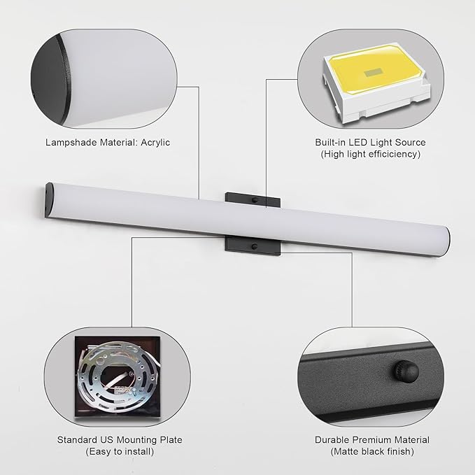 Black Bathroom Vanity Light Bar - 24W 24" Dimmable LED Modern Light Fixture for Bathroom Mirror - Wall Mount Vanity Lighting - Matte Black