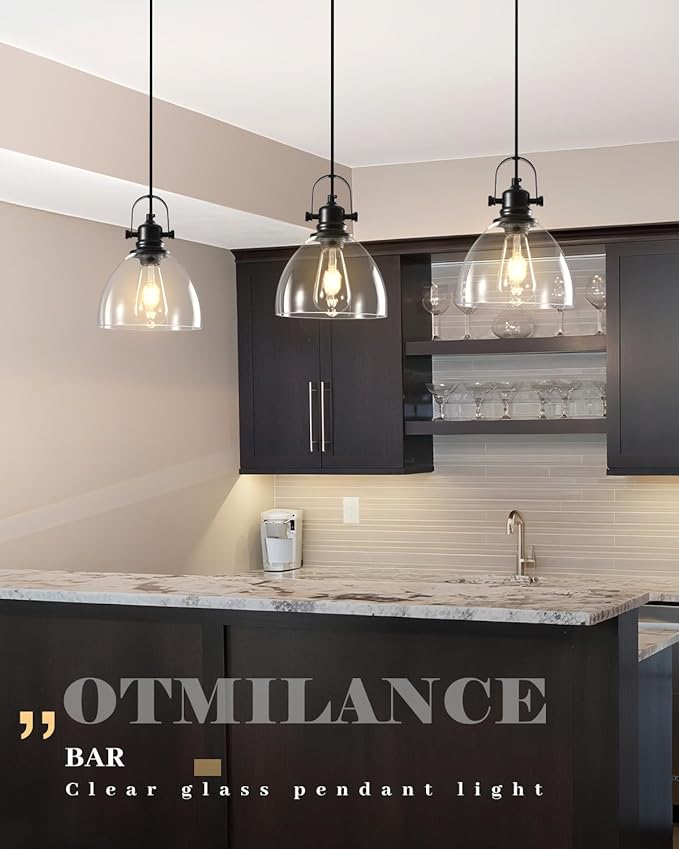 Black Pendant Lights Kitchen Island, 7.5'' Modern Glass Pendant Light 2 Pack, Farmhouse Pendant Lights with Clear Glass Shades, Hanging Island Pendant Lights for Kitchen, Bedroom, Bathroom