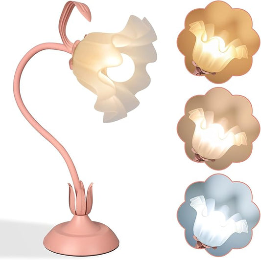 Flower Desk Lamp, LED Reading Light Flower Table Lamp, 3 Colors Flower Lamp for Girls Bedroom, Adjustable Flexible Nightstand Lamps, Bedside Table Lamp for Bedroom, Living Room, Home Decor (Pink)