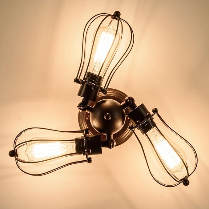 Luling Vintage Ceiling Light Industrial, Chandeliers Adjustable Socket Metal Wire Cage Lamp Semi-Flush Mount Rustic Ceiling Light Metal Lamp Fixtures (No Bulb) (with 3 Light) (Rust Color) (Rust)