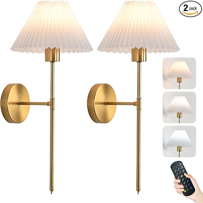 Rechargeable Wall Sconces Set of 2, Gold Battery Operated Wall Lights with Remote, Dimmable Pleated Shades Wall Lamp, 15 Colors Wireless Bathroom Vanity Wall Sconce for Bedroom Living Room Hallway