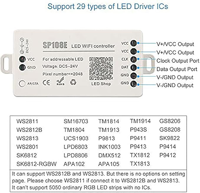 RGBZONE SP108E WiFi LED Controller, Smart APP Control, DC5V/12V/24V WS2812B WS2811 WS2815 WS2801 SK6812-RGBW WS2813 SK9822 etc Almost LED Strip Module Light