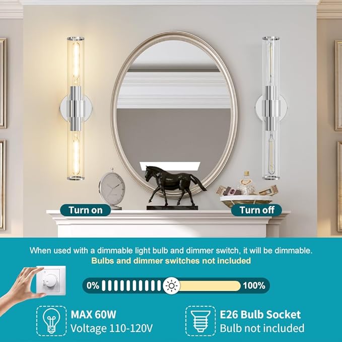 Chrome Wall Sconce, Bathroom Light Fixtures in Clear Glass Indoor Wall Sconces, Modern Sconce Wall Lighting Up and Down Vanity Lights Fixtures for Bathroom,Living Room - Bulb Not Included