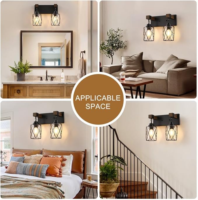 Farmhouse Bathroom Light Fixtures, 2 Light Bathroom Vanity Light with Metal and Glass Lampshade, Wood Rustic Lighting Fixtures Over Mirror, Black Wall Sconces for Living Room, Bedroom