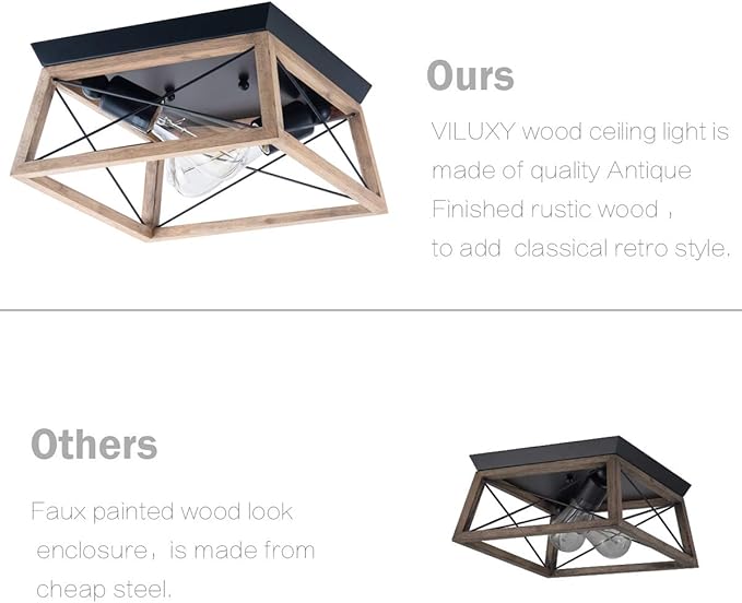 VILUXY Farmhouse Wood Flush Mount Ceiling Light Fixture - 2-Light Square Lamp for Hallway, Entryway, Dining Room, Kitchen - Light Wood Color