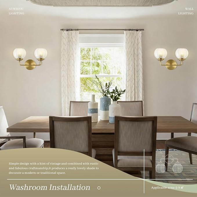 Vintage Bathroom Vanity Lights Over Mirror, 2 Light Gold Wall sconces with clear Glass Shade Bathroom Light Fixture mid Century Wall Sconce Light Glass Wall Lighting for Bedroom Doorway Hallway