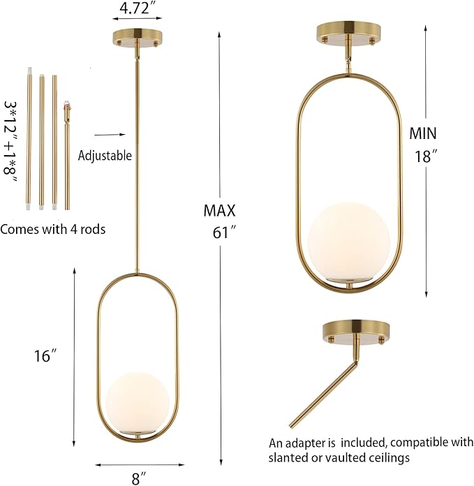 BYOLIIMA Modern Gold Globe Pendant Light Mid Century Chandelier 1-Light Brushed Brass Ceiling Hanging Lighting Fixture with White Globe Glass Lampshade for Kitchen Island Dining Room Bedroom (2 Pack)