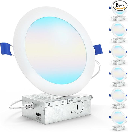 Sunco Lighting 6 Inch Ultra Thin LED Recessed Ceiling Lights Slim, Selectable Color Temperature, Dimmable 14W=100W, 1200 LM, Canless Wafer Thin with Junction Box - ETL Energy Star 6 Pack