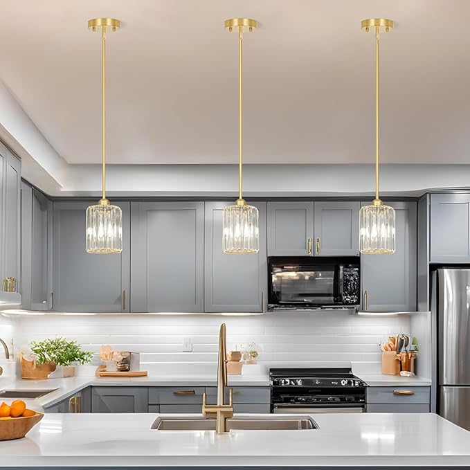 Lxybcce Gold Kitchen Pendant Lights Over Island with Adjustable Rods - Crystal Pendant Lighting Fixtures 3 Pack, Ideal Over Dining Table or Bar, E26 Bulb Compatible, No Electrician Needed