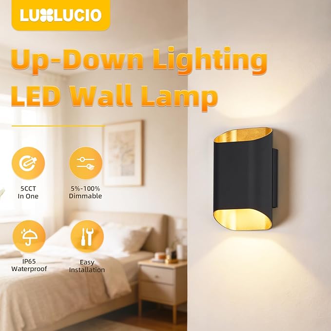 2 Pack Black & Gold Up & Down Wall Sconce Lamp 5%-100% Dimmable, Modern Indoor/Outdoor Porch Light, IP65 Waterproof, 120V, 1200LM, 12W, 2700K-5000K Selectable, CRI90+, ETL FCC Certified