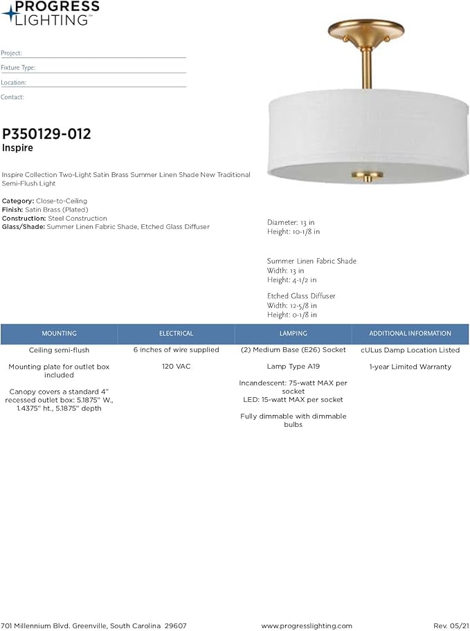 Inspire Collection 2-Light Summer Linen Shades New Traditional Semi-Flush Light Satin Brass