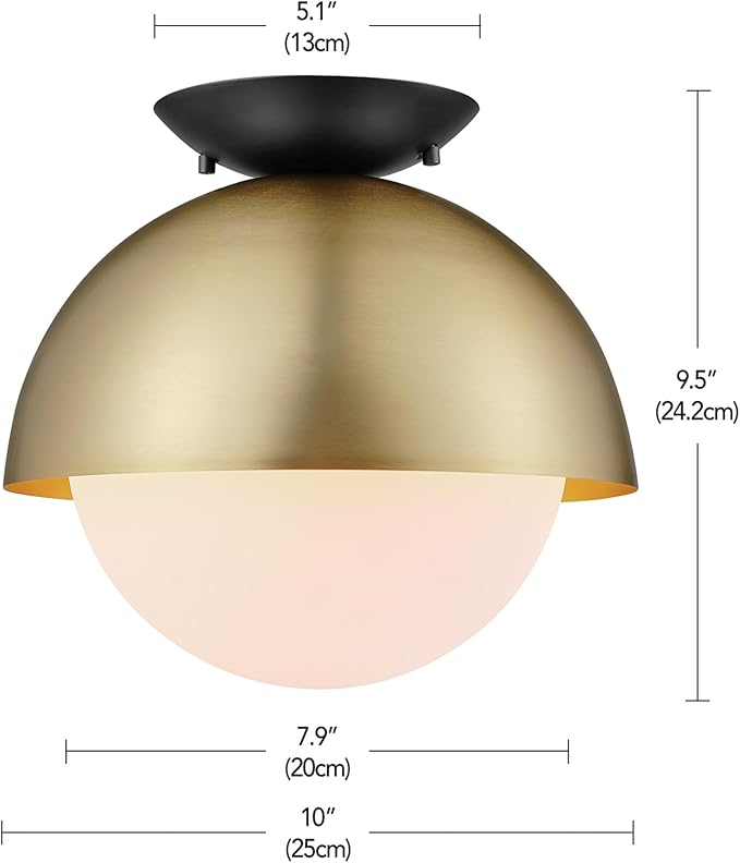 Globe Electric 60320 1-Light Flush Mount Ceiling Light, Matte Brass, Black Accent Canopy, Frosted Glass Shade, Modern Lighting for Kitchen Island, Bedroom or Dining Room, Home Decor