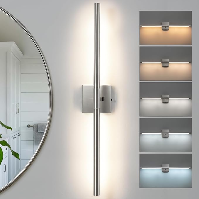 Brushed Nickel Vanity Light Fixtures for Bathroom Over Mirror 30 inch LED Bath Sconces IP44 5CCT Adjustable Morden Picture Lights for Paintings (Built-in Dimmer)